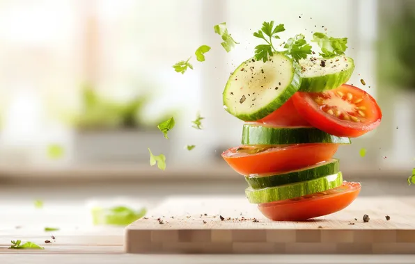 Greens, window, light background, vegetables, tomatoes, tomatoes, cutting, cucumbers
