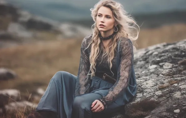 Field, look, girl, nature, pose, stones, overcast, the wind