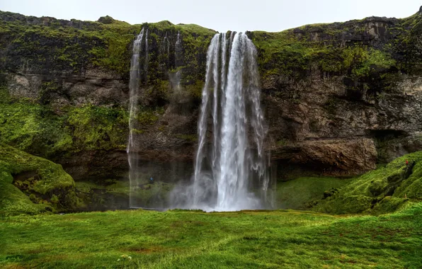Greens, grass, rocks, waterfall, moss, Iceland, Seljaland Waterfall