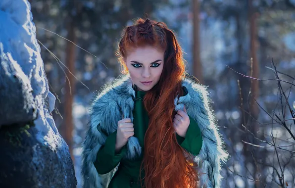 Winter, look, girl, red, redhead, long hair, Natalia Baklakova