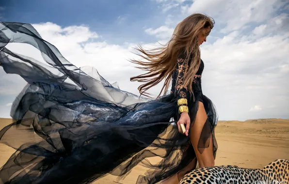 Girl, clouds, decoration, animal, desert, leopard, girl, leopard