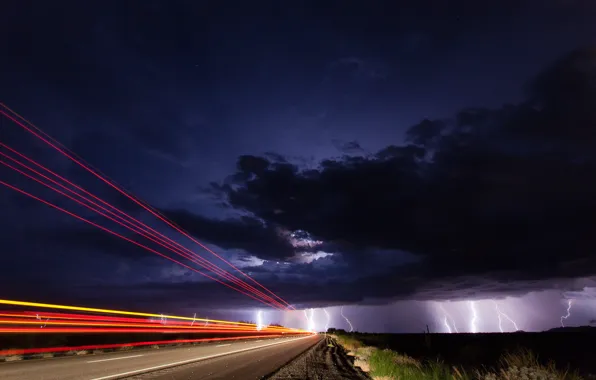 Road, the sky, light, night, clouds, zipper, lightning, excerpt