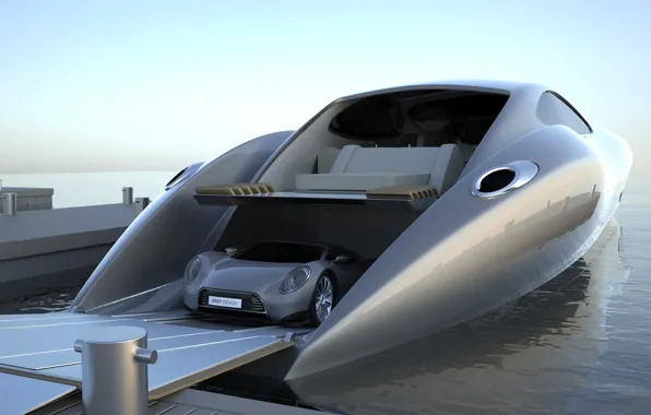 Sea, pier, with supercar on Board, Gray Design, megayacht, Strand Craft 122