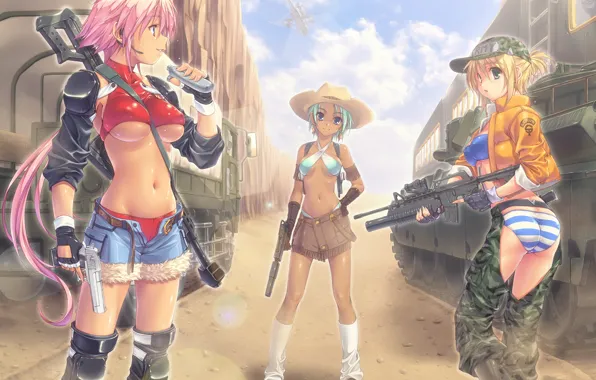 Gun, weapons, shorts, train, hat, machine, helicopter, tank