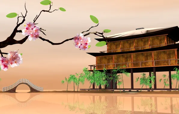 Picture Sakura, Sakura, Eastern landscapes, house on the water, house on the water, Eastern landscapes