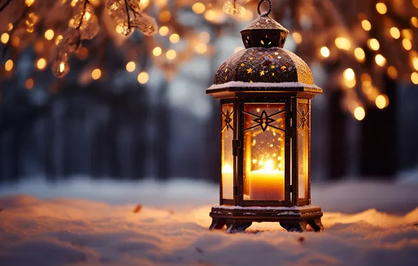 Winter, snow, night, Christmas, lantern, New year, Christmas, night