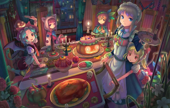 Table, room, holiday, the moon, girls, candles, art, halloween