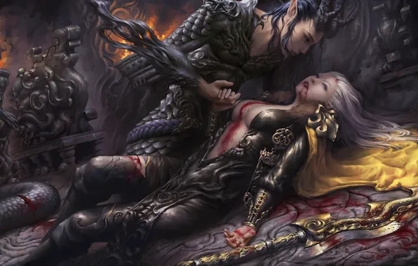 Girl, weapons, elf, sword, warrior, art, fantasy, Parting