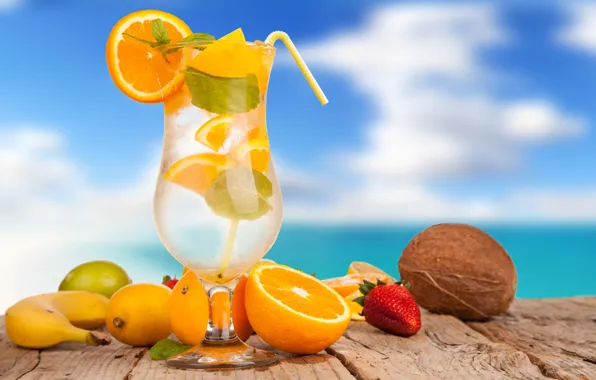 Ice, summer, lemon, glass, orange, coconut, strawberry, cocktail