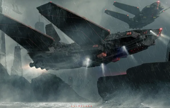 Night, Planet, Rain, Fantasy, Art, Art, Spaceship, Fiction