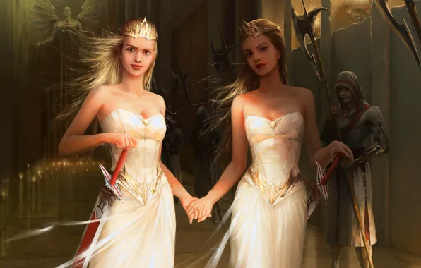Girls, candles, statue, swords, crown, dresses