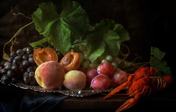Grapes, fruit, still life, peaches, plum, tray, cancers