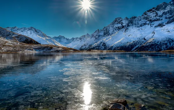 Picture snow, mountains, pond