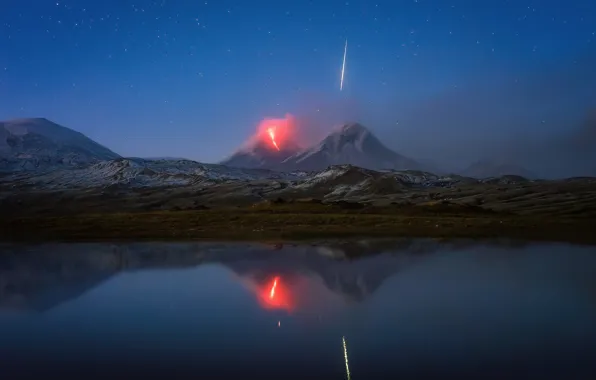 Picture water, stars, reflection, mountains, the volcano, falling meteor