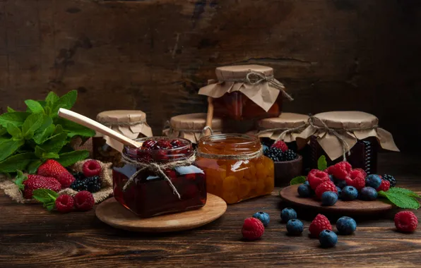 Berries, raspberry, Board, blueberries, strawberry, jars, Bank, a lot