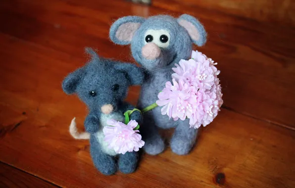 Flowers, smile, toys, wool, pair, company, knitted, homemade