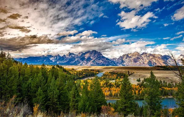 Autumn, forest, clouds, trees, mountains, river, plain, Wyoming
