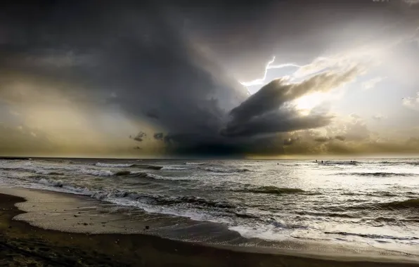 Sea, wave, the sky, clouds, shore, surf
