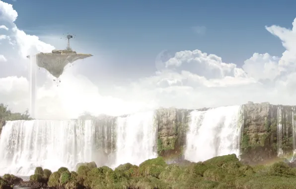 Clouds, waterfall, Island