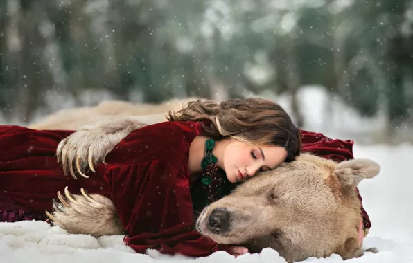 Winter, forest, look, girl, snow, nature, pose, bear