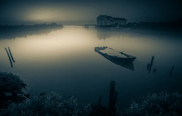 Night, lake, boat