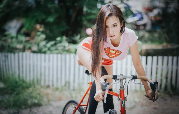 Picture bike, shorts, makeup, Mike, brunette, hairstyle, Asian, knee
