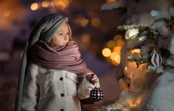 Winter, holiday, girl, tree