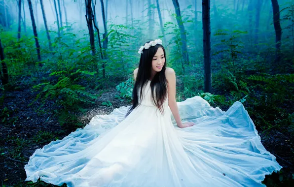 Picture forest, leaves, girl, trees, flowers, branches, blue, nature