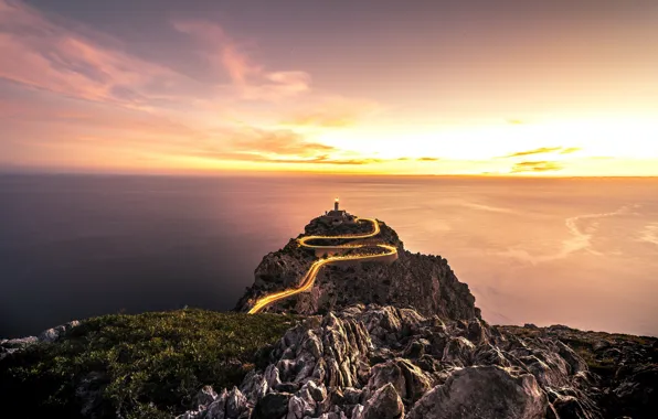 Sea, sunset, lighthouse, Spain, Formentor