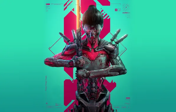 Girl, katana, skeleton, cyberpunk, ghostrunner, cyborg