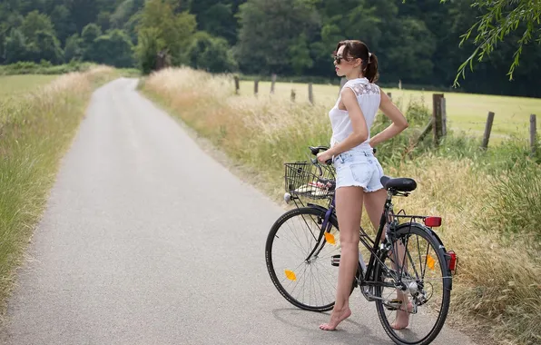 Picture girl, shorts, bike, jeans, brunette, sunglasses
