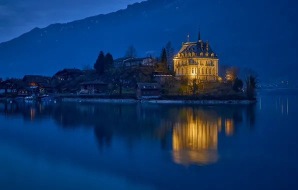 Mountains, lake, reflection, castle, home, the evening, Switzerland, village
