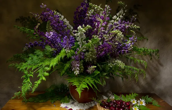 Picture flowers, cherry, berries, table, wall, chamomile, shadow, bouquet