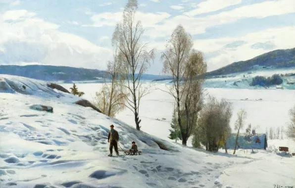 Snow, trees, landscape, nature, hills, picture, Peter Merk Of Menstad, Peder Mørk Mønsted