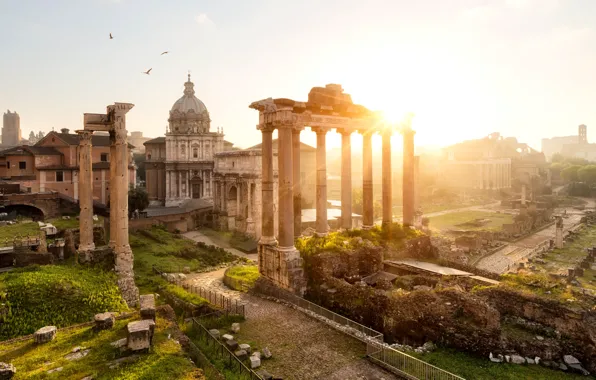 The sun, the city, dawn, morning, area, Rome, Italy, arch