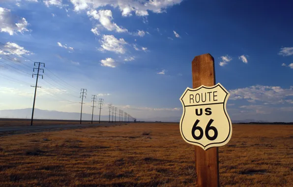 Picture road, field, the sky, landscape, mountains, road sign, Route 66