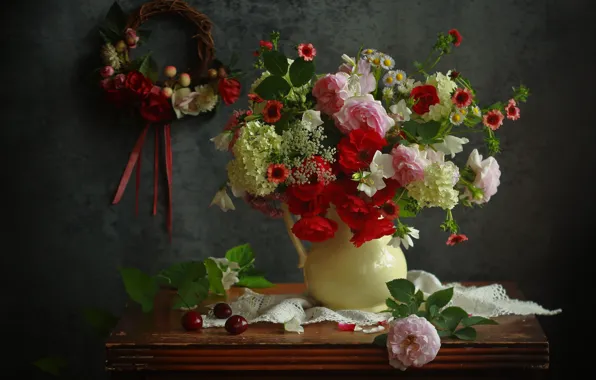 Picture flowers, berries, roses, pitcher, wreath, table, cherry, napkin