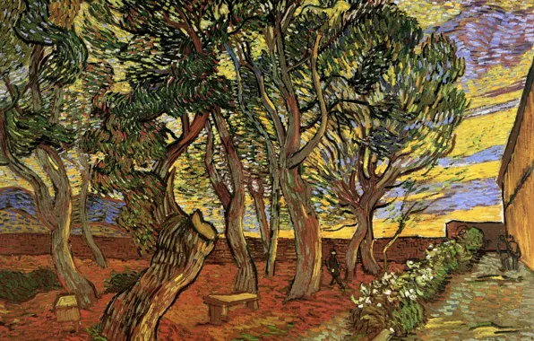 Picture trees, flowers, people, hospital, benches, Vincent van Gogh, The Garden of Saint-Paul, Hospital 5