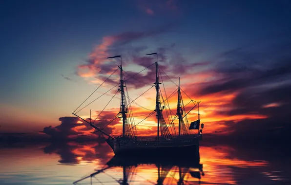 The sky, sunset, clouds, reflection, the ocean, ship, sailboat, the evening