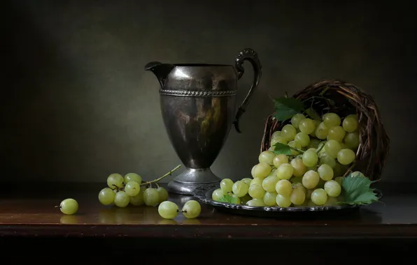 Picture style, grapes, pitcher, still life, basket, bunches