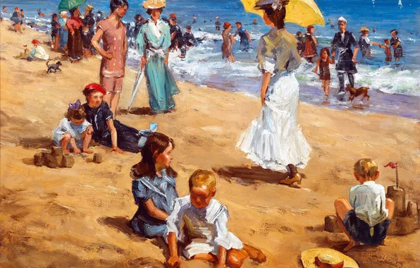 Sand, Sea, Beach, Children, People, Picture, Umbrella, Women