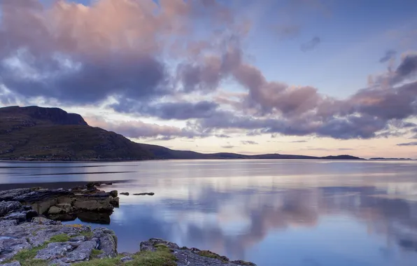 Water, clouds, lake, stones, hills, Scottish Highlands, Rhue