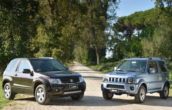 Picture road, trees, background, jeep, Suzuki, the front, crossover, Suzuki