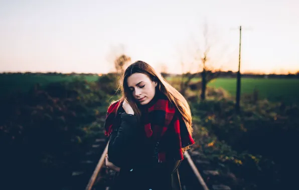 Picture girl, nature, model, clothing, rails, scarf, the area, jacket