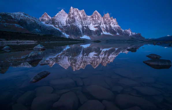 Mountains, lake, reflection, blue, stones, rocks, shore, tops