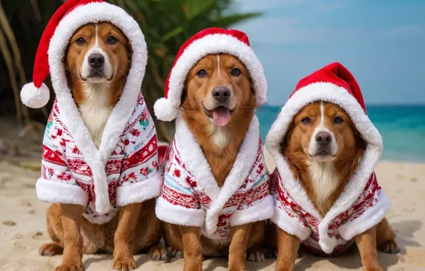 Sea, dogs, beach, Christmas, costume, outfit, New year, red