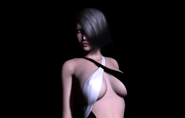 Chest, look, girl, face, rendering, hair, body, black background