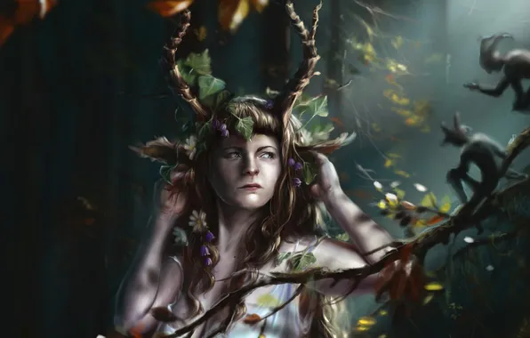 Forest, girl, flowers, animal, branch, fantasy, art, creatures