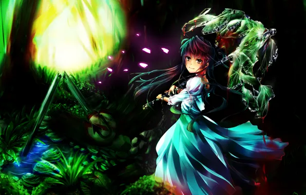 Grass, water, girl, sign, umbrella, anime, art, chain