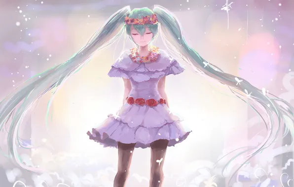 Picture girl, flowers, roses, anime, art, vocaloid, hatsune miku, wreath